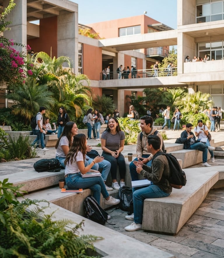Bright editorial photography of a modern Mexican campus courtyard, students sitting on concrete benches talking, warm natural daylight, 35mm lens