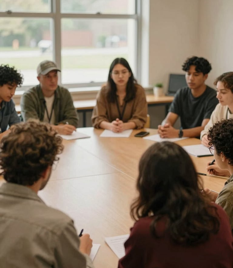 Warm editorial photography of a circle of diverse educators engaged in an active workshop, natural daylight filtering through a window, rich earthy tones, shallow depth of field, authentic classroom moment, 35mm