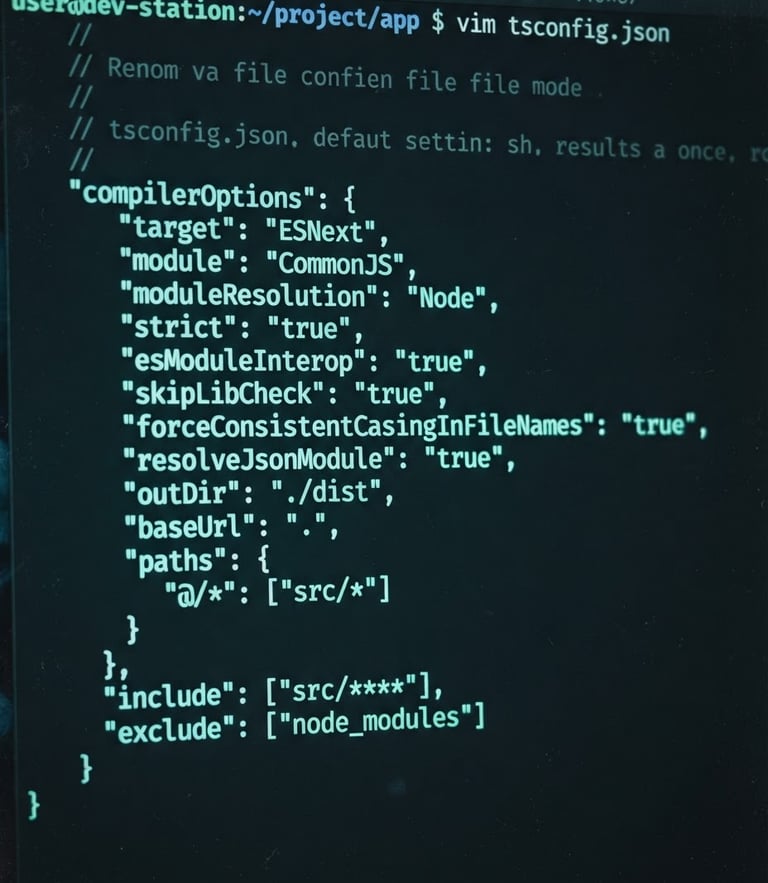 A close-up, high-contrast screenshot of a clean TypeScript configuration file inside a dark terminal interface, illuminated by a soft neon-mint screen glow.
