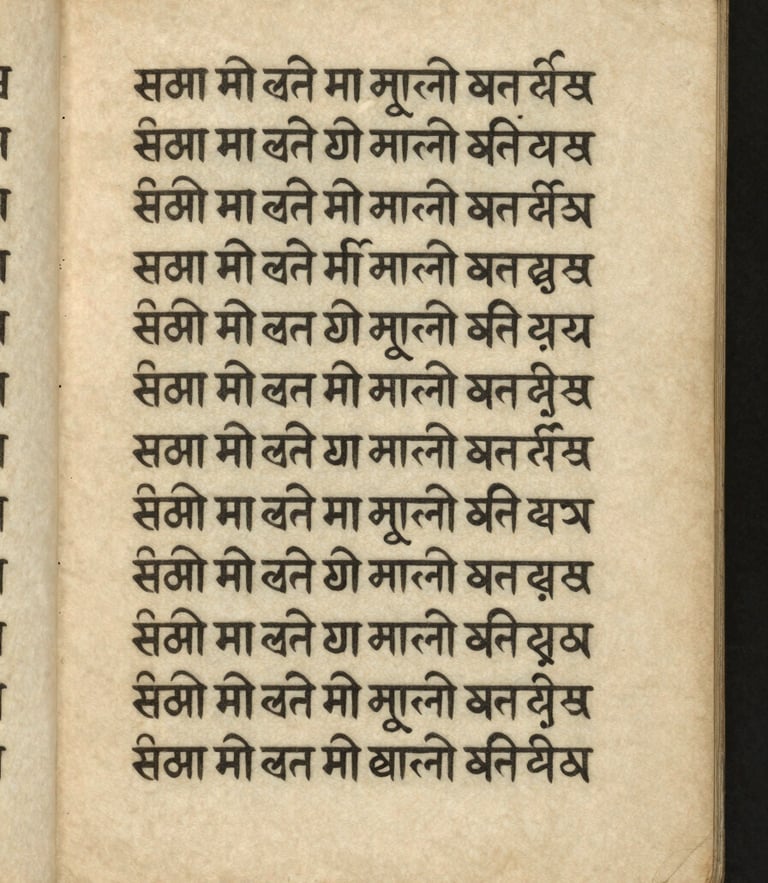 Flat lay of an ancient open Sanskrit manuscript on textured aged parchment paper, soft diffused library light, macro details of ink calligraphy, scholarly and archival