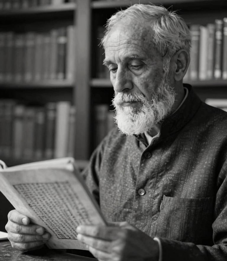 Archival black and white portrait of a yoga scholar studying ancient texts, soft diffused library light, muted parchment tones, 35mm