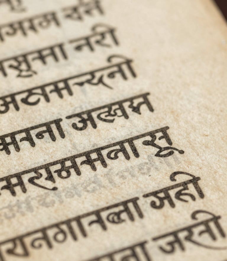 Close-up of ancient Sanskrit manuscript on textured aged parchment, soft library light, macro details, archival editorial photography