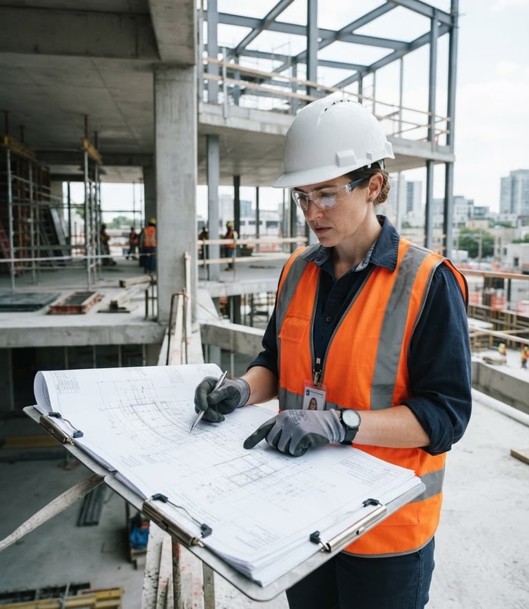 Sharp architectural photography of a professional civil engineer in safety gear reviewing technical blueprints on a clipboard, bright natural daylight, concrete gray tones