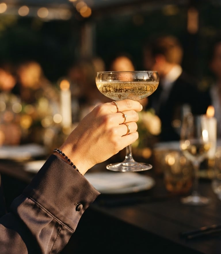 Close-up of a hand in a silk cuff holding a champagne glass, warm golden hour light, cinematic editorial style, 35mm film
