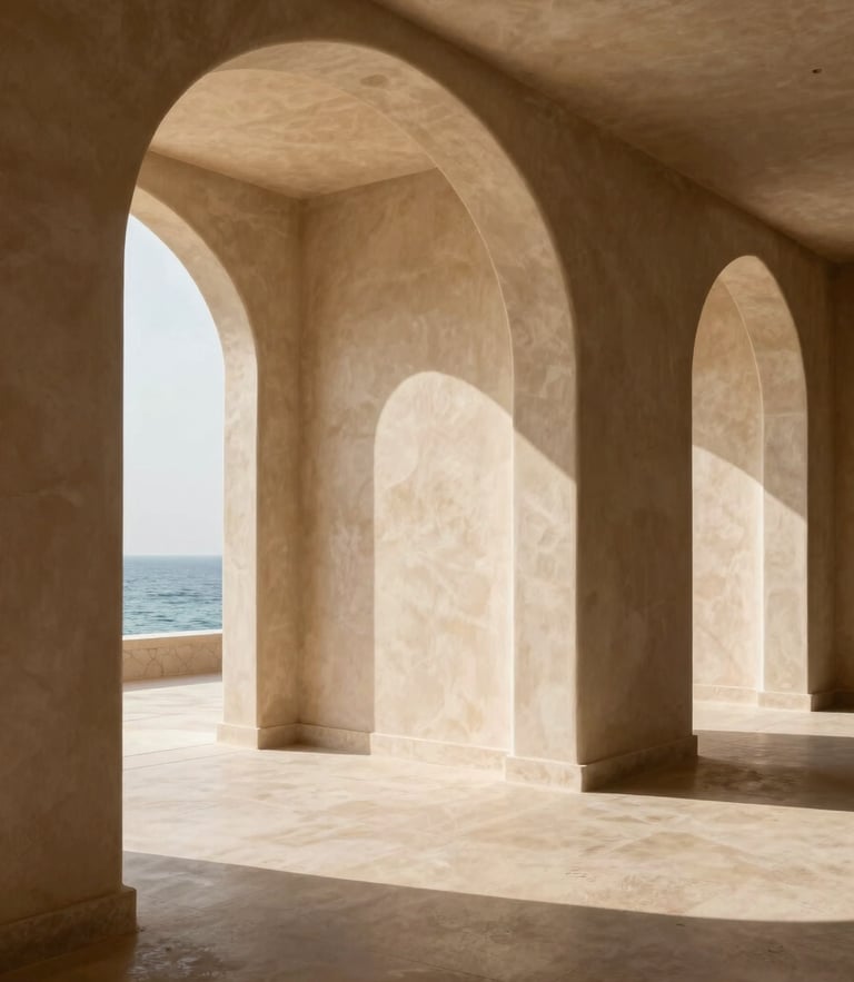 luxury residential interior in Jeddah, warm coastal daylight streaming, flawless matte paint texture on walls, architectural wide-angle lens, 35mm