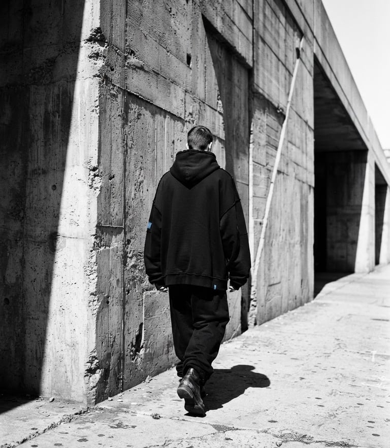 Low-angle street photography of a concrete brutalist wall, sharp harsh midday sun shadows, a model from behind wearing a black heavyweight hoodie with raw edges, 35mm film style