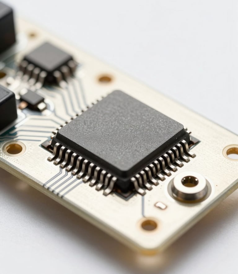 Close-up of a silver audio circuit board with precision-soldered microchips under bright, clean laboratory lighting, 35mm.