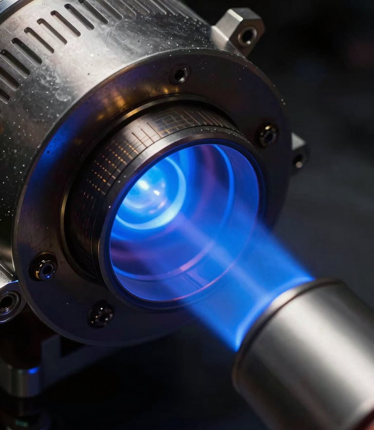 Extreme macro detail of a Hall-effect thruster nozzle under active plasma testing, high-contrast studio lighting with deep shadows, vivid luminescent blue xenon plasma glow emitting from the chamber.