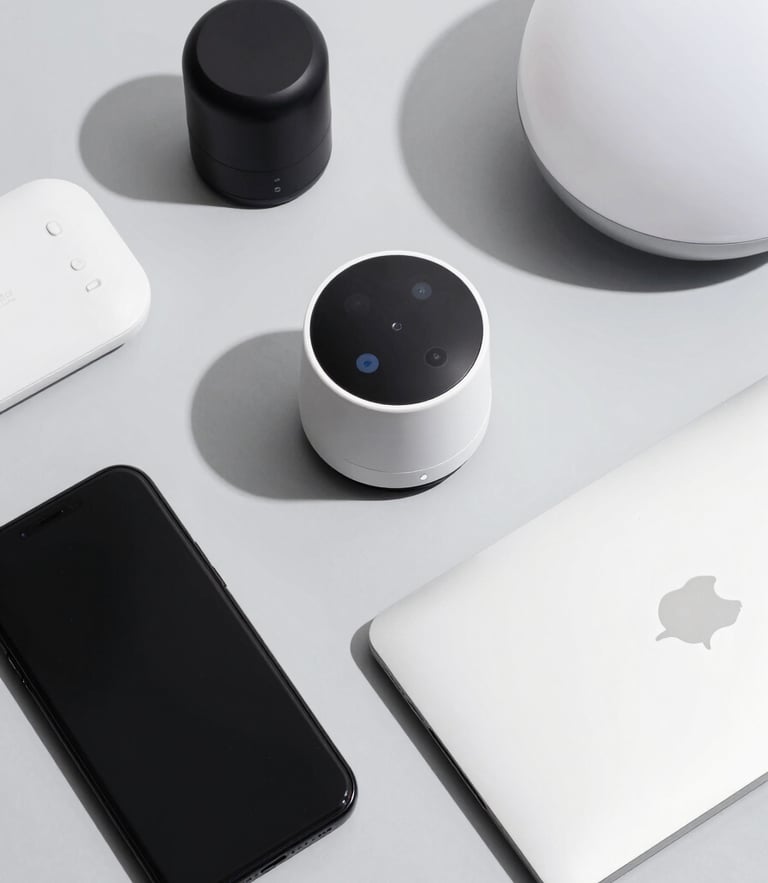 Crisp flat-lay of modern tech gadgets and smart home devices on a bright light-gray background, clean studio lighting, high-contrast shadows.