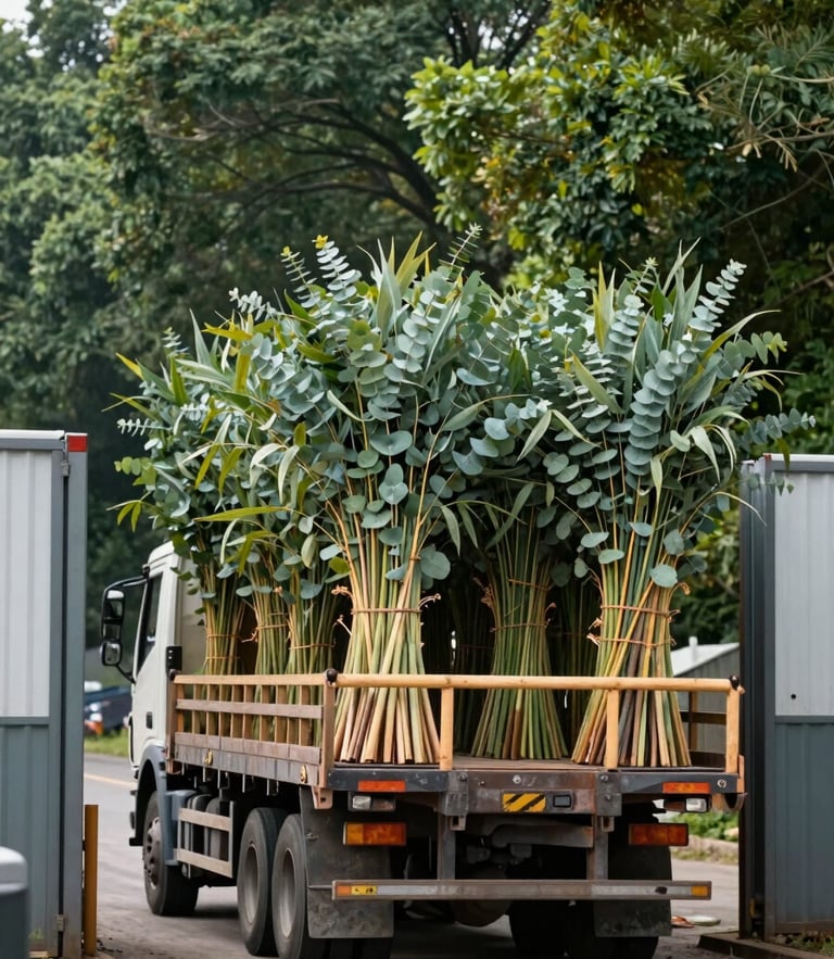 Industrial documentary photography of a flatbed truck loaded with bundled eucalyptus wood handles leaving a factory gate, crisp daylight, deep forest green tones, 50mm