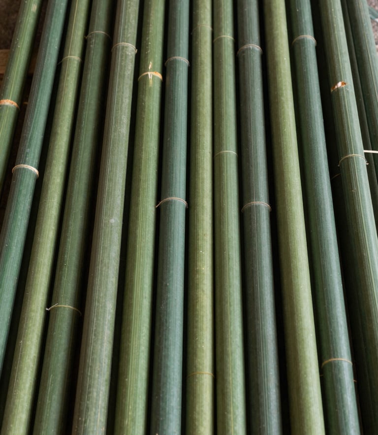 Macro documentary photograph of perfectly straight, uniform bundles of kiln-dried eucalyptus wood handles stacked in a dry warehouse, crisp natural workshop light, deep forest green tones, 50mm