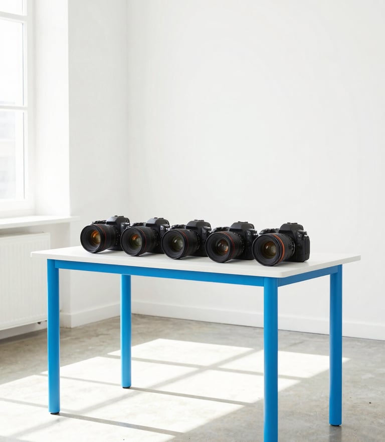 Bright high-key commercial photography studio, professional camera gear on a clean table, sun-drenched concrete floor, electric blue highlights, crisp 50mm composition.
