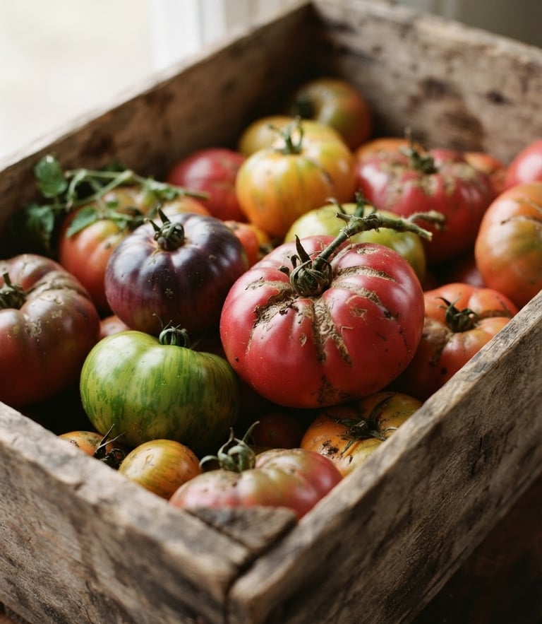 Close-up of raw heirloom tomatoes in a rustic wooden crate, soft diffused daylight, natural shadows, matte finish, 35mm film look