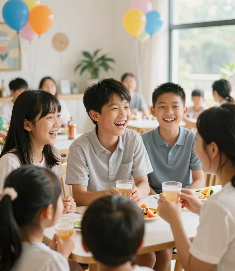 Bright vibrant portrait of a family laughing together in a beautifully decorated event salon, warm natural daylight, shallow depth of field.