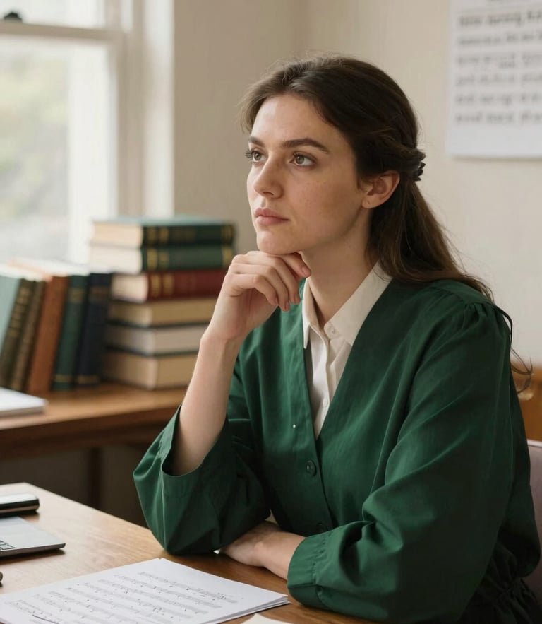 Warm editorial portrait of a female lawyer in a sunlit creative studio, looking thoughtful, sheet music and legal books on a wooden table in the background, 35mm.