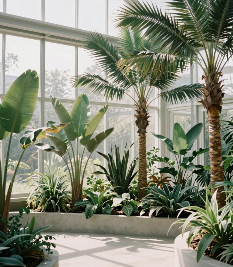 Bright, diffused daylight shot of a minimalist modern greenhouse interior, towering architectural plants and sculptural palms casting soft shadows on concrete floors, 35mm lens.