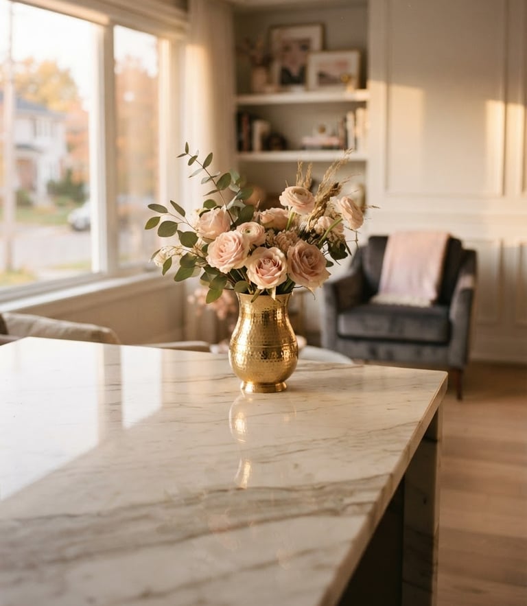 Elegant interior of an Ottawa home, soft warm lighting, a polished marble countertop reflecting a golden vase, shallow depth of field