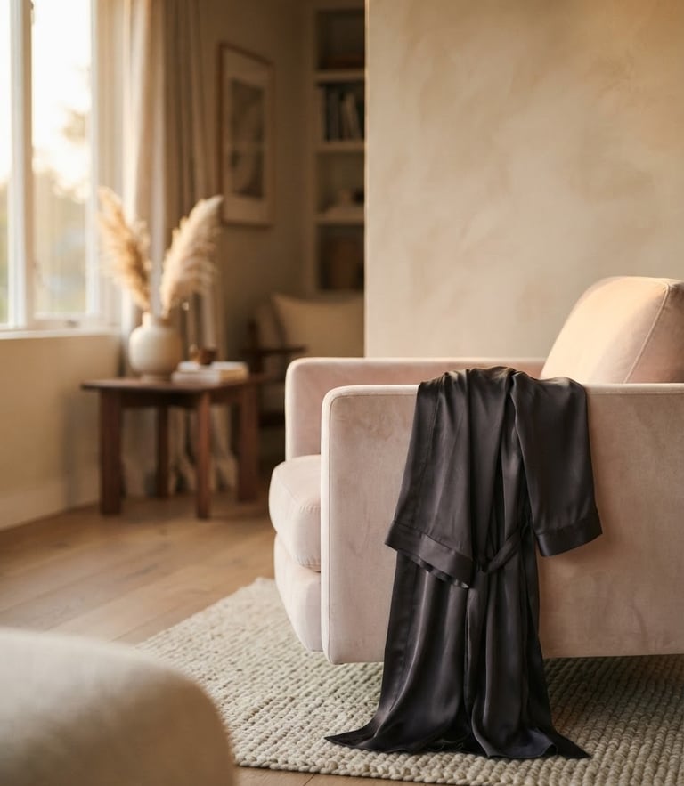 Tasteful editorial photograph of a modern, clean living room with soft golden hour light, a subtle silk robe draped elegantly over a velvet chair in the background, high-end boudoir style, shallow depth of field