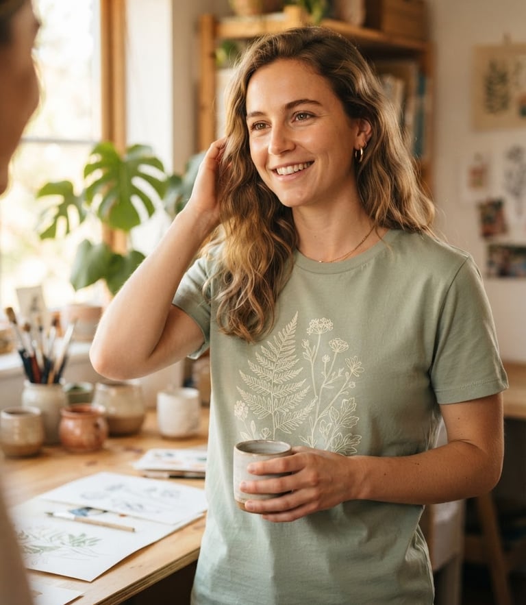 A close-up photograph of a woman wearing a soft sage green t-shirt with a subtle graphic design, standing in a sunlit home studio, warm natural daylight