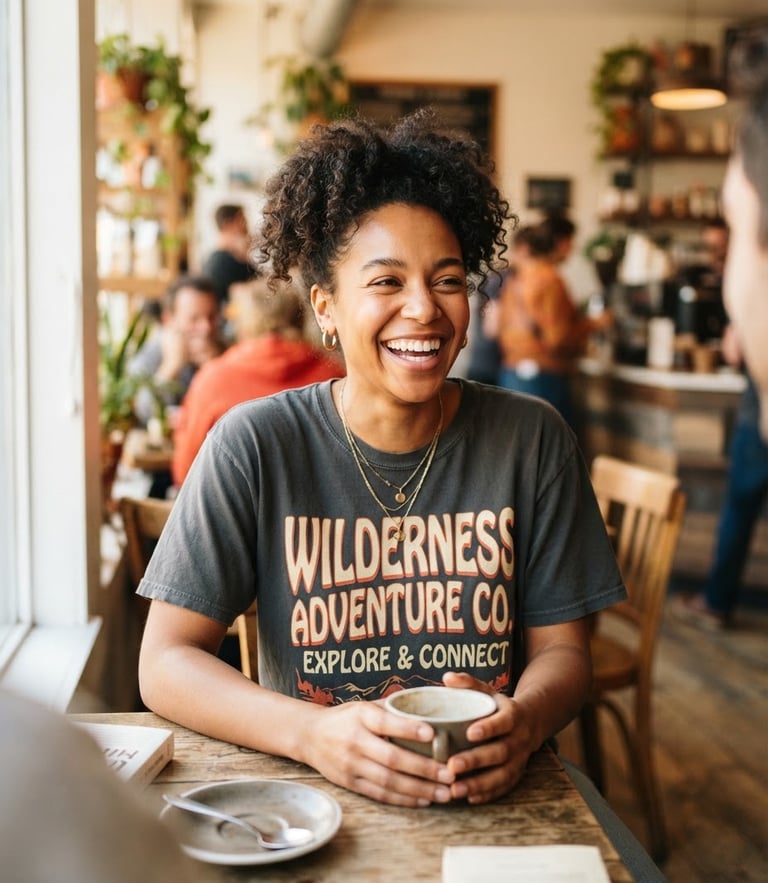 A candid portrait of a smiling woman in a warm sunlit coffee shop wearing a graphic tee with bold typography, 50mm lens, shallow depth of field.