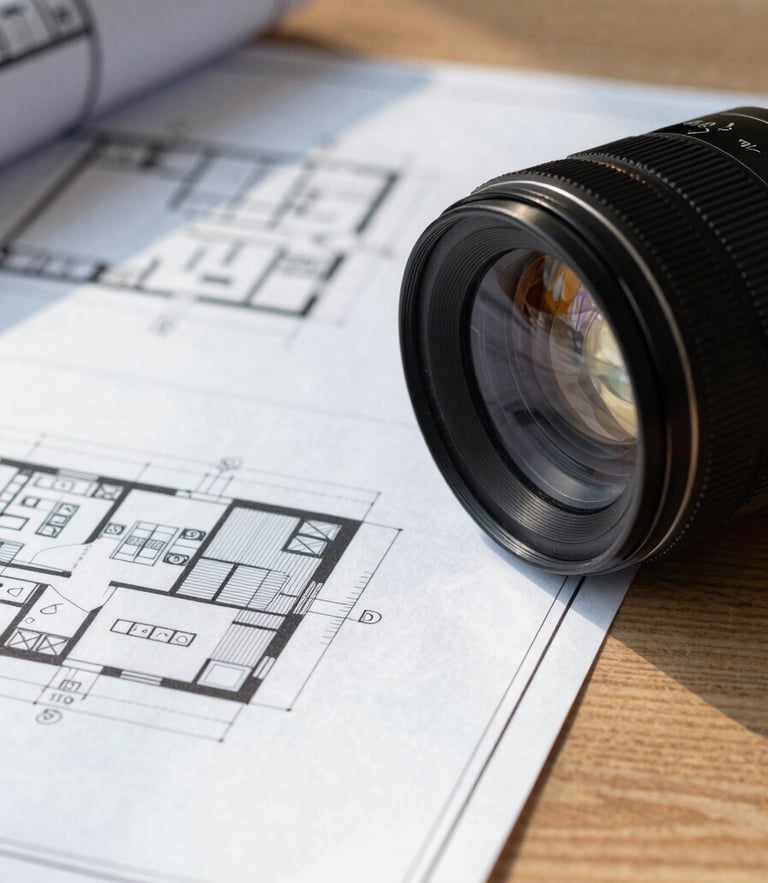Macro close-up of architectural blueprints on a heavy oak table, soft morning daylight, high-contrast shadows, 35mm architectural lens