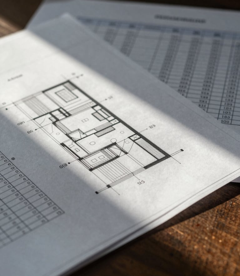 Tight macro detail of architectural blueprints and financial spreadsheets on a dark wood desk, soft morning daylight, high-contrast shadows.