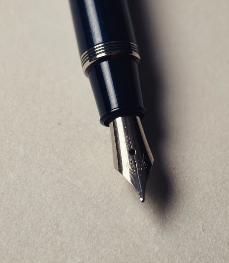 Macro close-up of a classic fountain pen resting on heavy textured ivory paper, dramatic side-lighting, deep navy shadows, high-contrast editorial style.