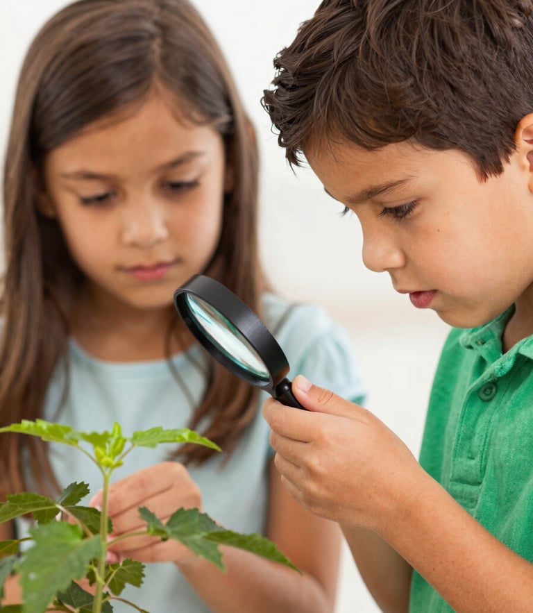 Bright editorial photography of a Latin child exploring a plant with a magnifying glass, natural daylight, soft warm tones, candid close-up shot, shallow depth of field