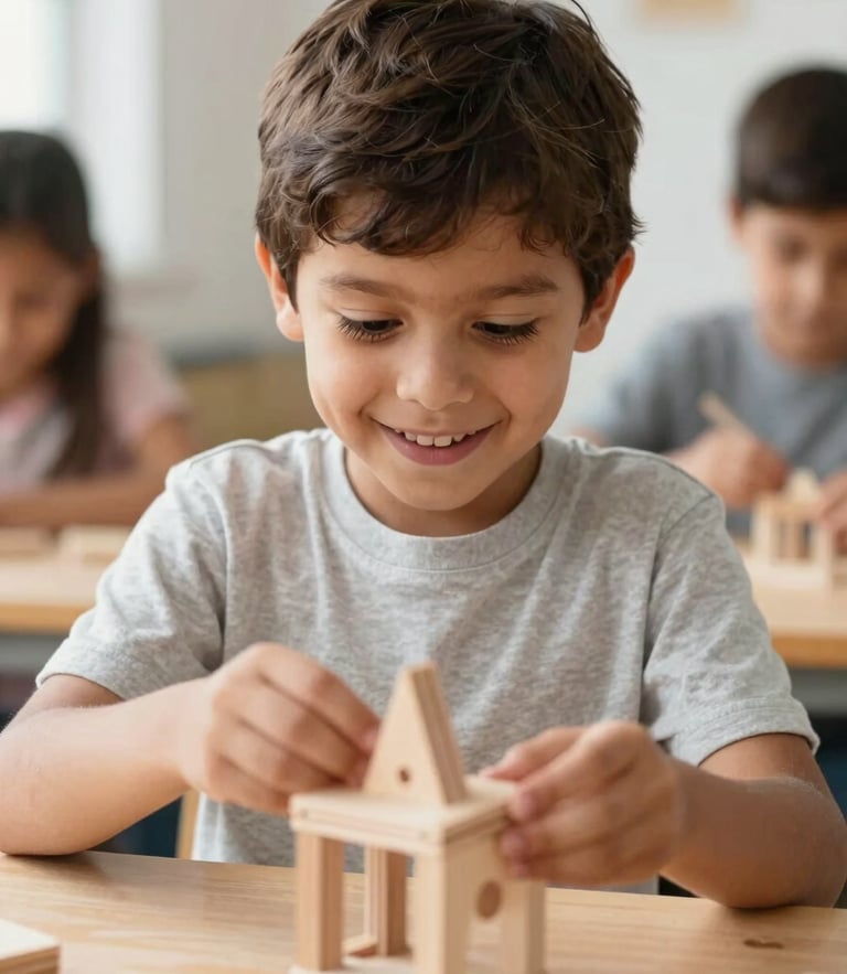 Bright natural daylight photography of a Latin child smiling while building a creative wooden project, warm tones, shallow depth of field, 35mm