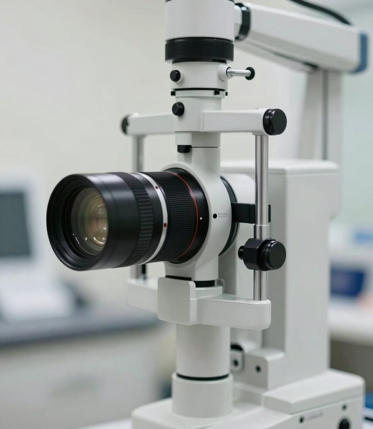 Macro shot of a modern ophthalmic slit lamp diagnostic machine in a brightly lit, sterile clinic environment.