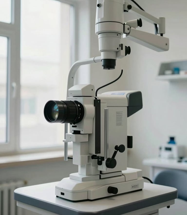 Bright and modern ophthalmic clinic interior in Thergaon, showing a sterile slit lamp diagnostic machine under clean, natural window light, clinical-editorial style.