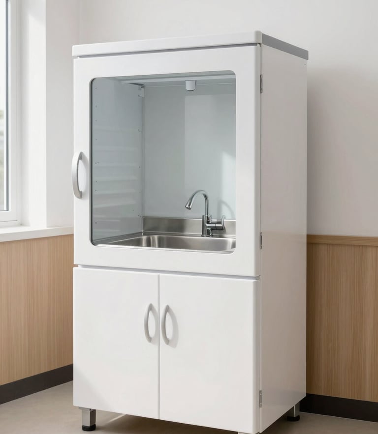 Straight-on architectural elevation of a pristine dental sterilization cabinet, jointless white surfaces, integrated stainless steel sink, bright natural daylight, soft studio fills