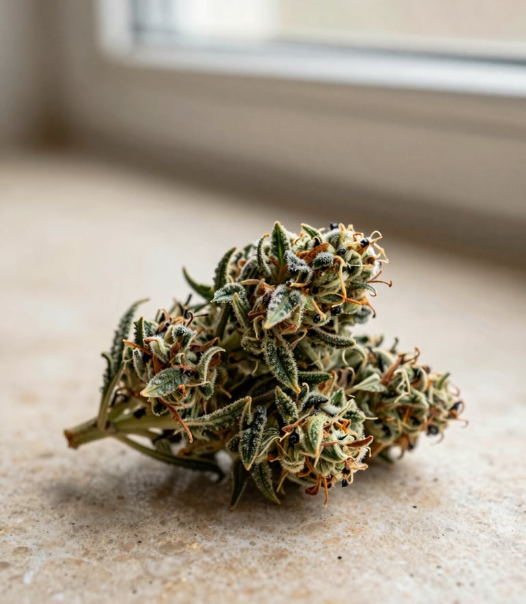 Macro close-up of frosty green cannabis buds resting on a neutral warm stone surface under soft natural window light