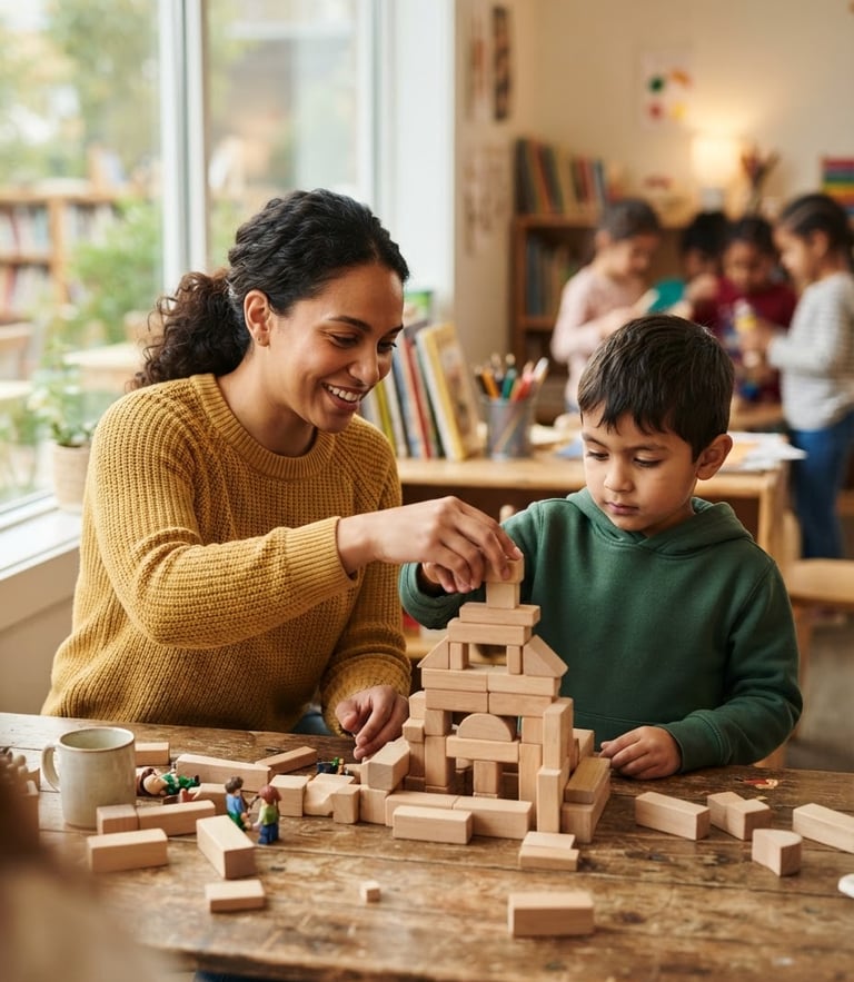 Candid medium shot of a mentor and a young student working on a wooden block structure under soft afternoon window light, natural tones, focused expressions.