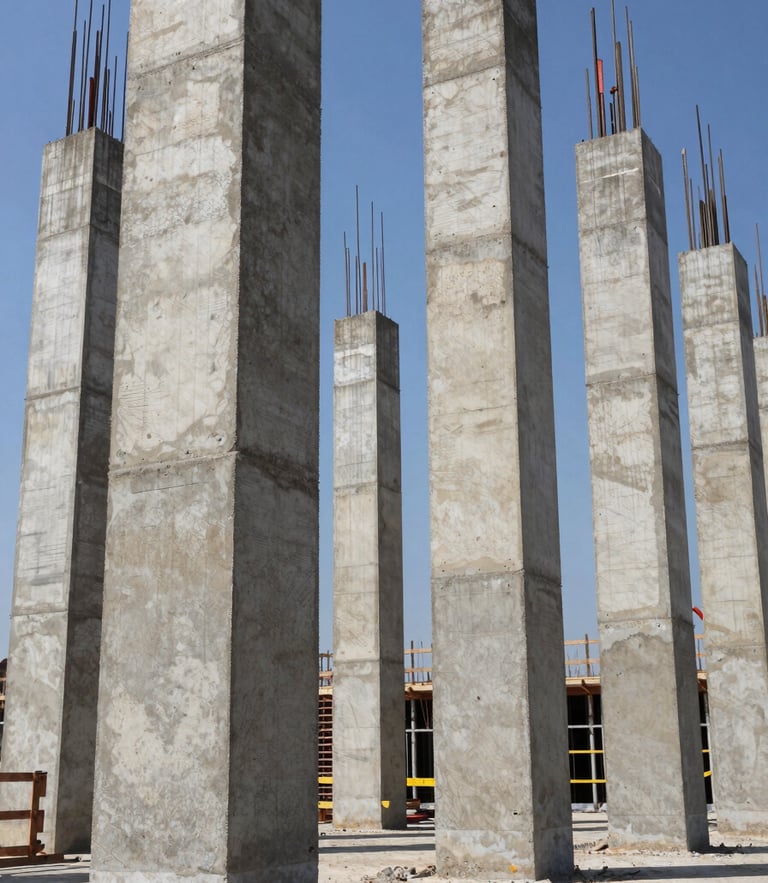 Low-angle heroic shot of an active, highly organized construction site, raw poured-in-place concrete columns casting sharp geometric shadows under high-contrast natural sunlight.