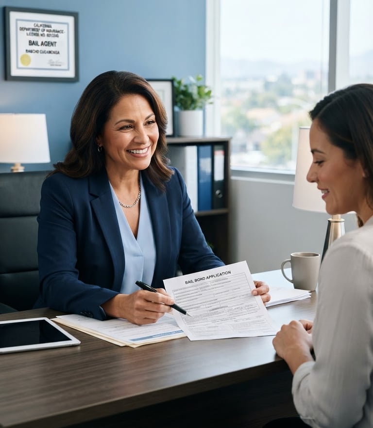 A professional licensed bail bonds agent in a bright, clean Rancho Cucamonga office, reviewing legal documents with a reassuring expression, corporate blue tones.