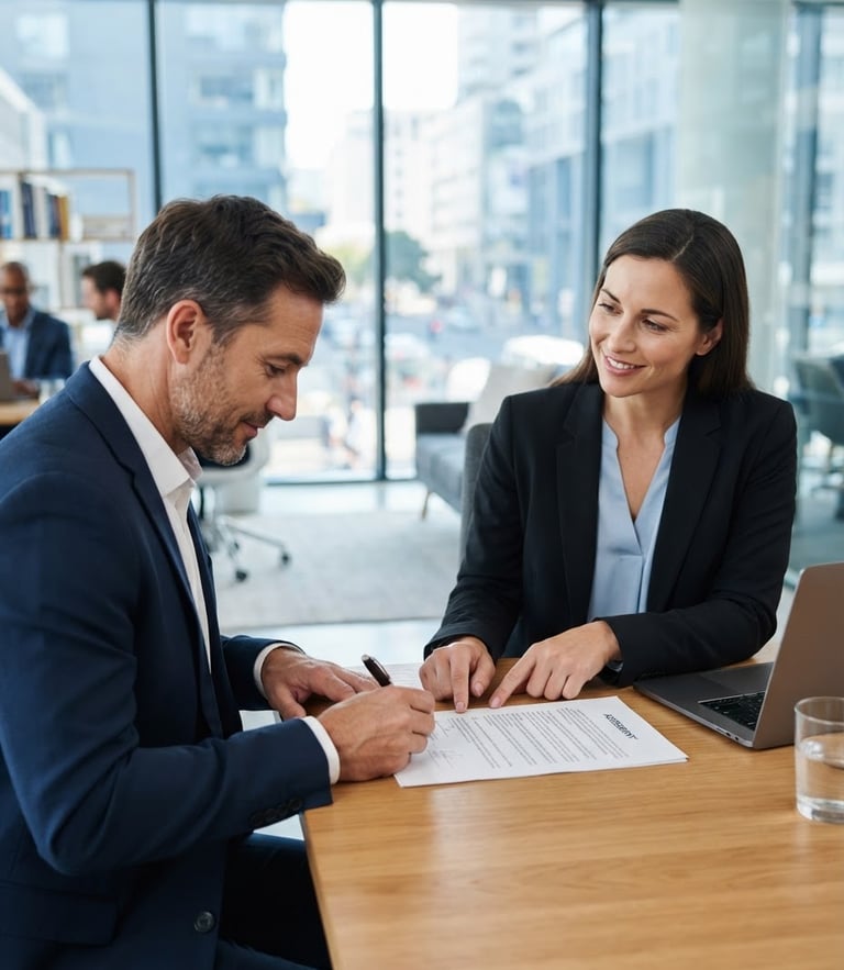 A professional office consultation in bright natural daylight, clean corporate blue tones, a client signing clear documents with a professional agent.