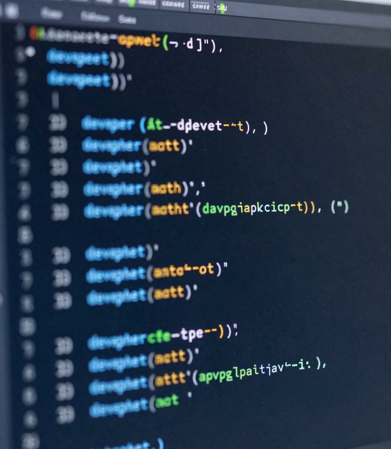 Ultra-close macro photograph of a high-resolution display showing clean developer code lines, cool blue and white light, sharp geometric reflections, laboratory environment.