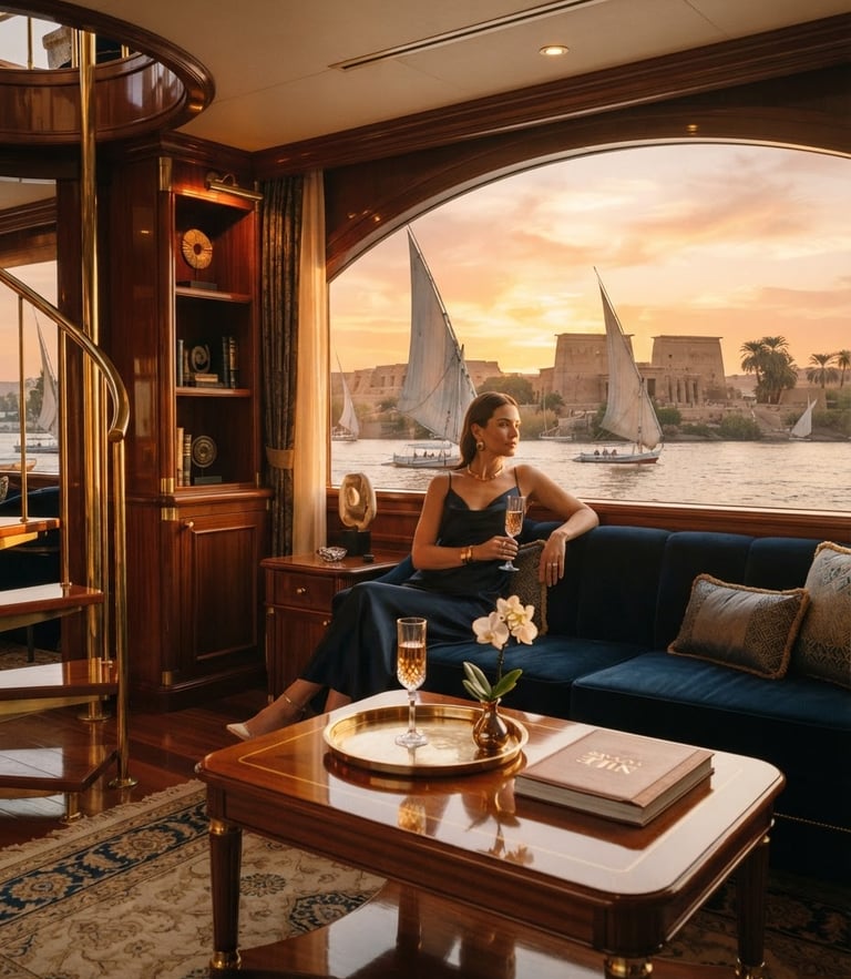 Elegant portrait of a luxury private yacht interior on the Nile at sunset, golden hour light reflecting on polished wood, premium editorial photography