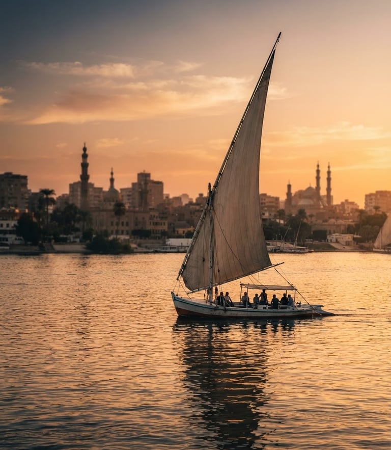 Elegant portrait of Egypt at sunset, warm golden hour light reflecting off the Nile, a traditional wooden felucca sailing gracefully, soft focus Cairo skyline in the background, cinematic 3:4 framing.
