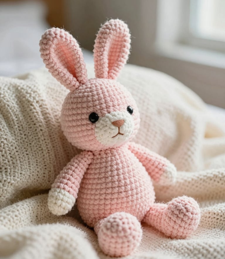 Close-up of a pastel pink crochet bunny plushie nestled in a soft cream knit blanket, warm morning light, shallow depth of field, 35mm film texture