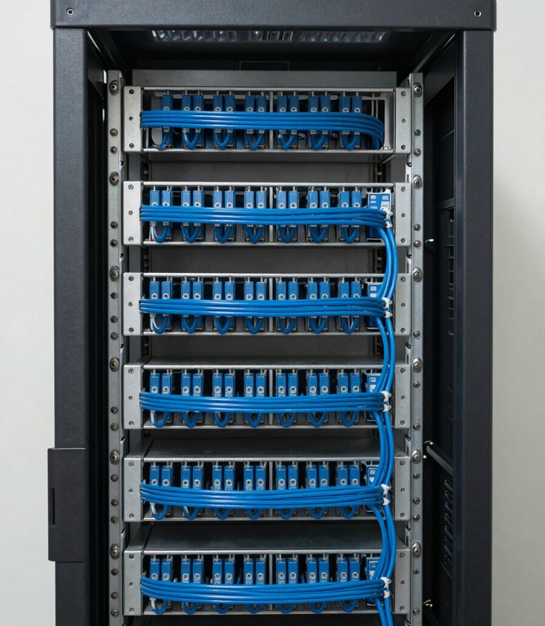 A close-up portrait of a clean server rack with perfectly organized blue cabling under soft overcast daylight, minimalist editorial photography.