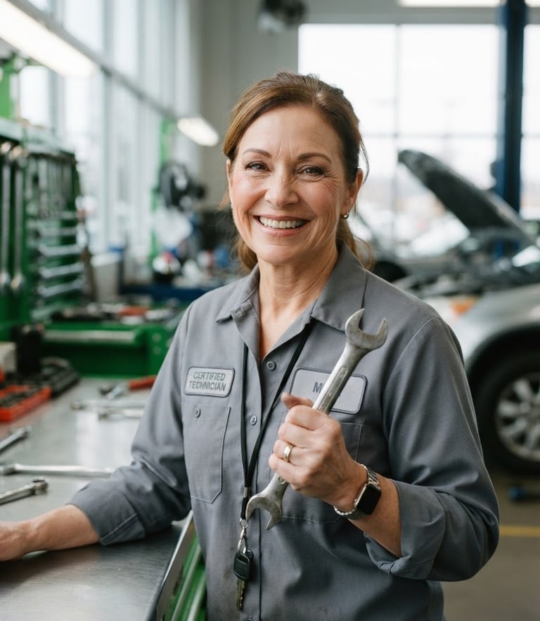 Close-up of a smiling certified mechanic in a clean, well-lit workshop, holding a wrench, bright natural overcast daylight, 35mm lens.