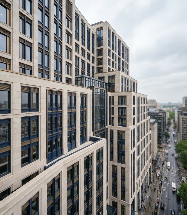 High-angle architectural perspective of a clean-lined modern limestone financial building facade, soft overcast daylight, desaturated navy tones