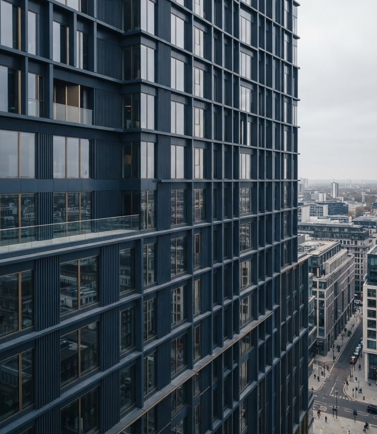 High-angle architectural perspective of a modern financial district building facade, clean geometric lines, soft overcast daylight, desaturated navy tones.