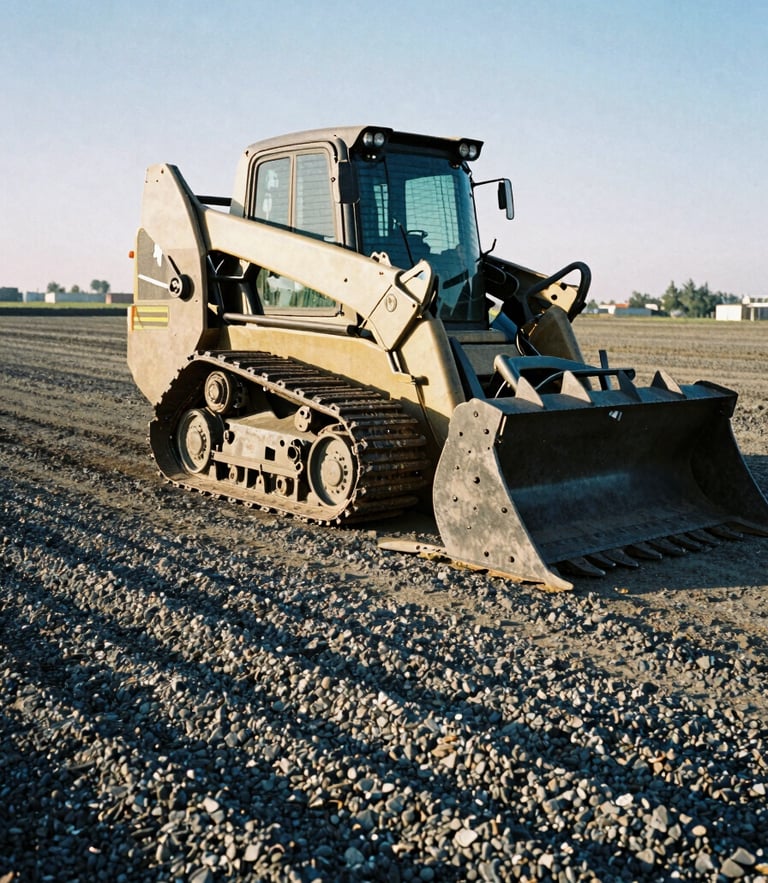 Low-angle action shot of a compact track loader skid steer with a grading attachment, sharp morning sunlight casting deep shadows on freshly leveled gravel, rugged industrial 35mm photography.