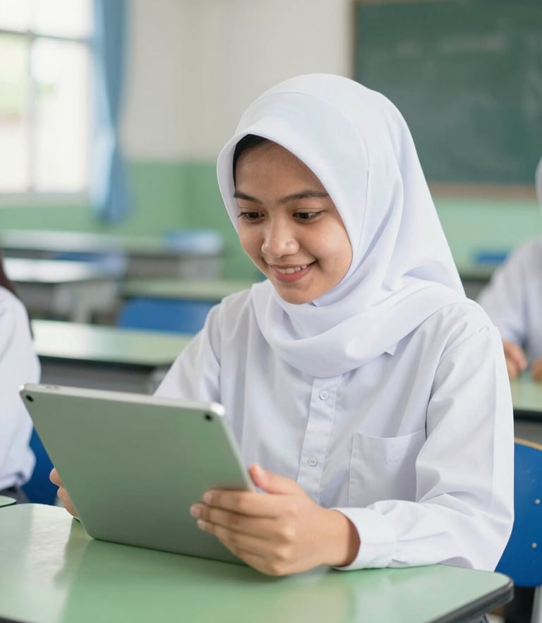 A female Indonesian high school student wearing a neat white hijab and SMA uniform, smiling while looking at a tablet screen in a bright modern classroom, 35mm photography