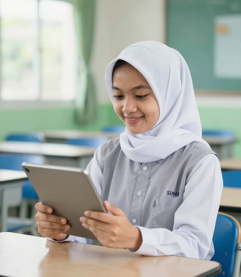 A female Indonesian high school student wearing a neat white school hijab and grey SMA uniform, smiling while holding a digital tablet in a bright, modern classroom with soft green accents, natural daylight, 35mm.