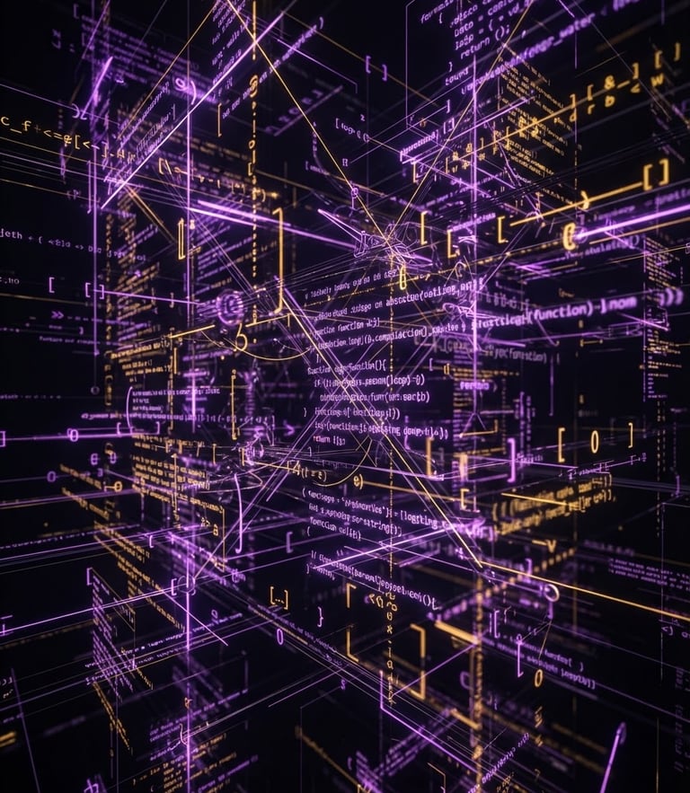 Sleek dark-mode digital render of glowing code structures, dramatic purple and gold neon studio lighting, high-contrast obsidian tones, razor-sharp focus