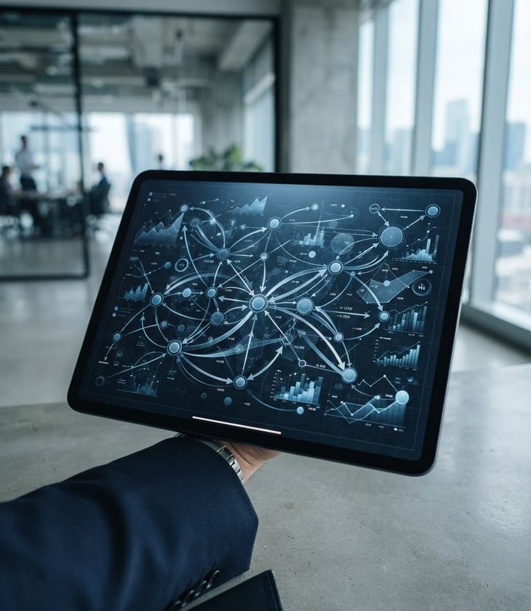 Medium close-up of a financial model on a tablet screen, cool daylight, sharp focus, architectural depth, deep blue tones, 35mm